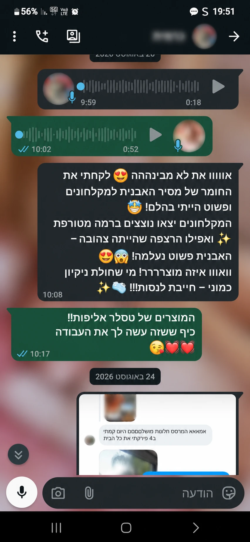 המלצת לקוח: הודעת וואטסאפ על Tesler ניקוי וחיטוי אמבטיה ושירותים